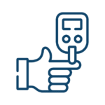 Blutzuckerkontrolle Symbolgrafik einer Hand mit ausgestrecktem Finger und einem Blutzuckermessgerät – Darstellung der Blutzuckerkontrolle bei Diabetes.