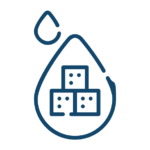 Diabetes Diagnostik Symbolgrafik eines Blutstropfens mit drei Würfeln im Inneren, die Zuckerwürfel darstellen, und einem kleineren Tropfen darüber – stilisierte Darstellung für das Thema Diabetes und Blutzucker.