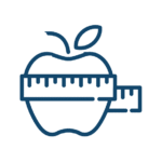 Prävention & Beratung zu Lebensstil, Ernährung und Begleiterkrankungen Symbolgrafik eines Apfels mit Maßband – steht für gesunde Ernährung und Gewichtsmanagement, insbesondere im Kontext von Diabetesprävention und -behandlung.