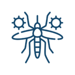 Malariabewertung & Tropenhinweise Symbolgrafik einer Mücke mit Virussymbolen – steht für durch Mücken übertragene Krankheiten, wie z. B. Dengue oder Malaria.