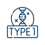 Therapieplanung Diabetes Typ 1 und 2 Symbolgrafik mit DNA-Strang vor einem Kreis und der Aufschrift „TYPE 1“ – steht für Typ-1-Diabetes und dessen genetische Komponente.